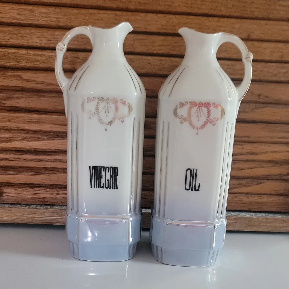 Vintage White and Cream Oil and Vinegar Dispenser Set Czechoslovakia Blue Luster
